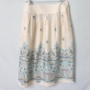 T.A. Whitney beige blue pleated rayon border midi skirt *Sz 12*